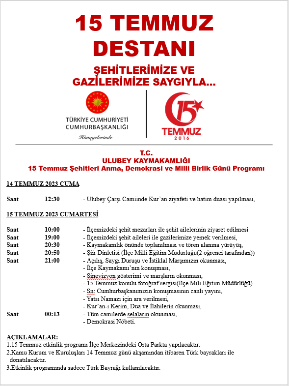 Ulubey Kaymakamlığı 15 Temmuz Şehitlerini Anma, Demokrasi ve Milli Birlik Günü Programı